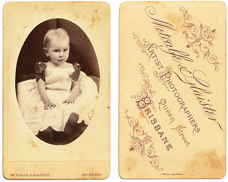 Front and back of a carte-de-visite from the studio of Metcalfe & Glaister (Brisbane: 1875-77)