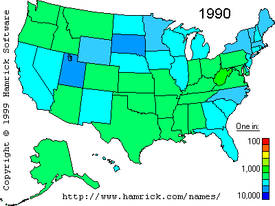 Frequency of occurence of people with the surname 'Kyle' in the states of the USA in 1990, 1850, 1880 and 1920 [from www.hamrick.com/names/ ]