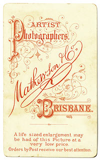 Carte-de-visite by Mathewson & Co, Brisbane, c. 1880 -- back