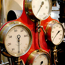 Guages in the engine room of the 1924 seagoing tug 'SS Forceful', at the Queensland Maritime Museum. I learned how to stoke a boiler on this ship. [Image from "Brisbane's living heritage" website].