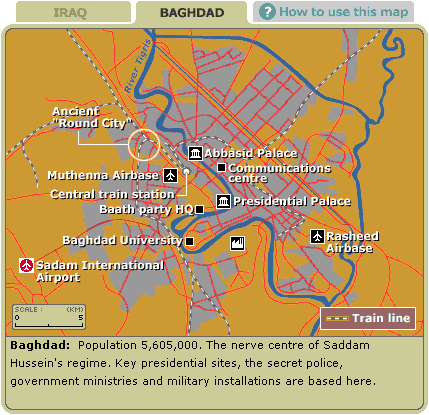 Iraq navigator displaying a map of Baghdad