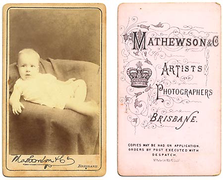 Front and back of a carte-de-visite photograph from the studio of Mathewson & Co (Brisbane: 1870-89)