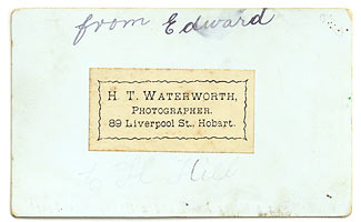'H T Waterworth, photographer, 89 Liverpool St. Hobart' -- back of the carte-de-visite