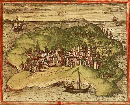Map of Kilwa (in modern Tanzania) from 'Civitates Orbis Terrarum', 1572, after an unidentified Portuguese manuscript [image from the Historic cities website]